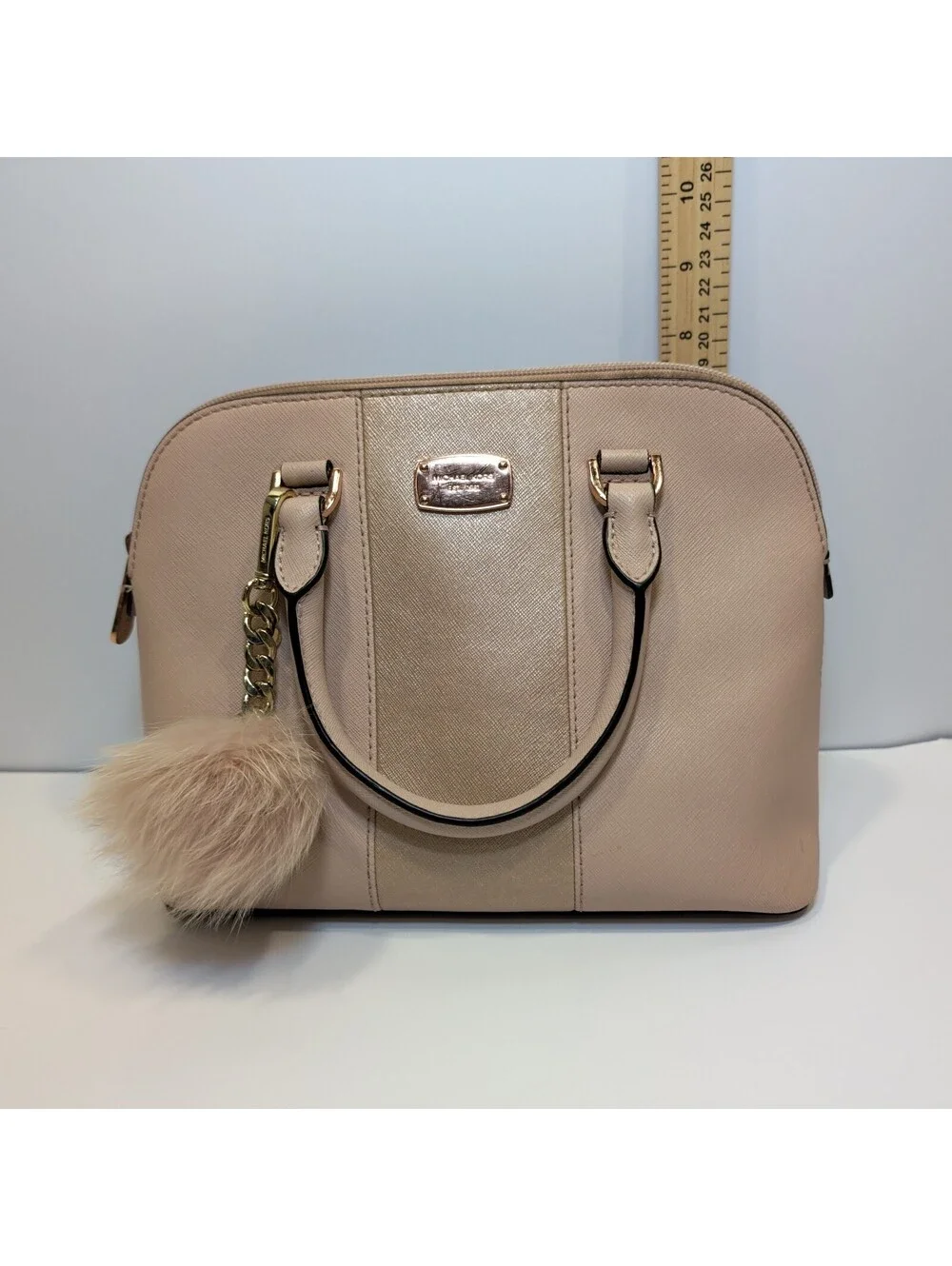 Michael Kors Light Pink Saffiano Leather Dome Satchel with Pom Pom Charm